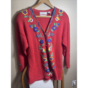 Northern Isles Embroidered Knit Floral Red Cardigan Size Large